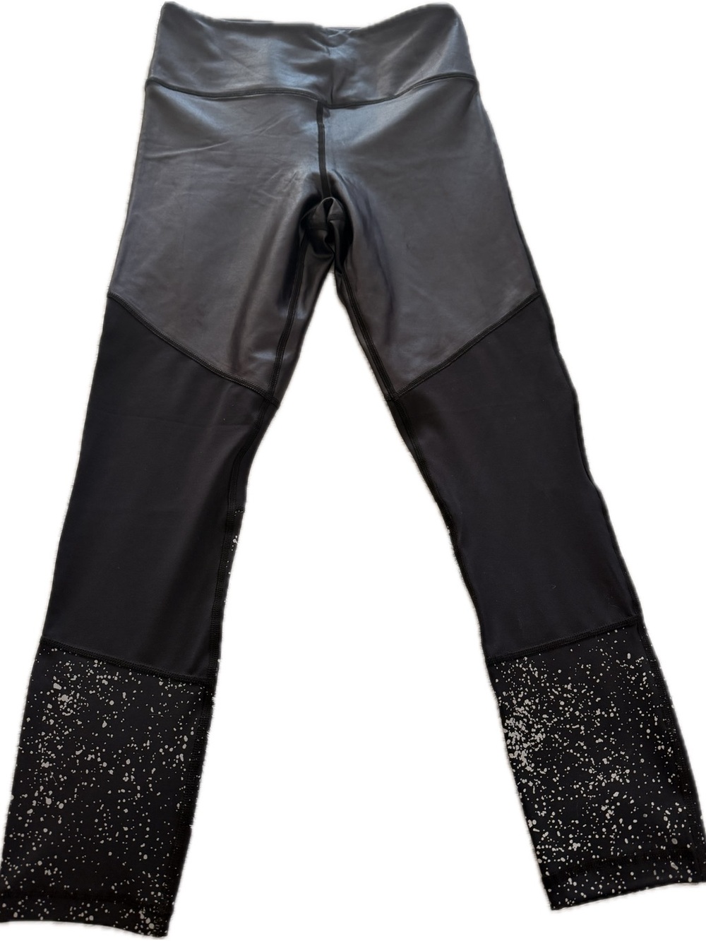 Black Faux Leather Panel Leggings with Speckled Hem